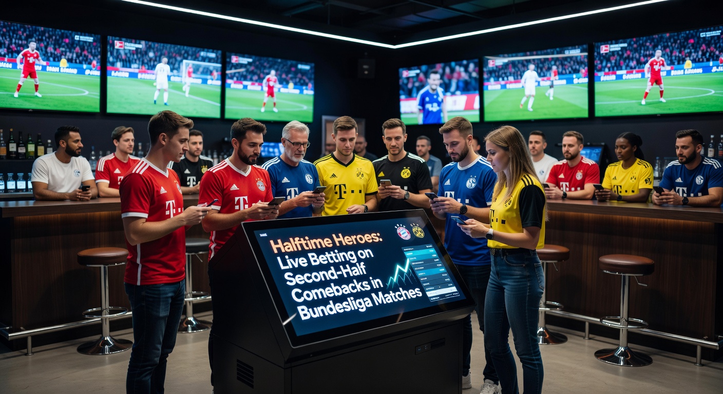 Ein dynamisches Bild von Bundesliga-Spielern, die in der zweiten Halbzeit einen dramatischen Comeback-Versuch starten, mit jubelnden Fans im Hintergrund
