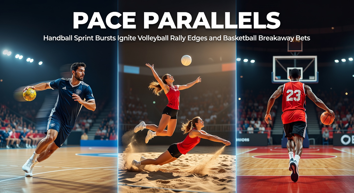 Handball-Spieler im vollen Sprint während eines Konters, der das Tempo in Volleyball-Rallys und Basketball-Breakaways widerspiegelt