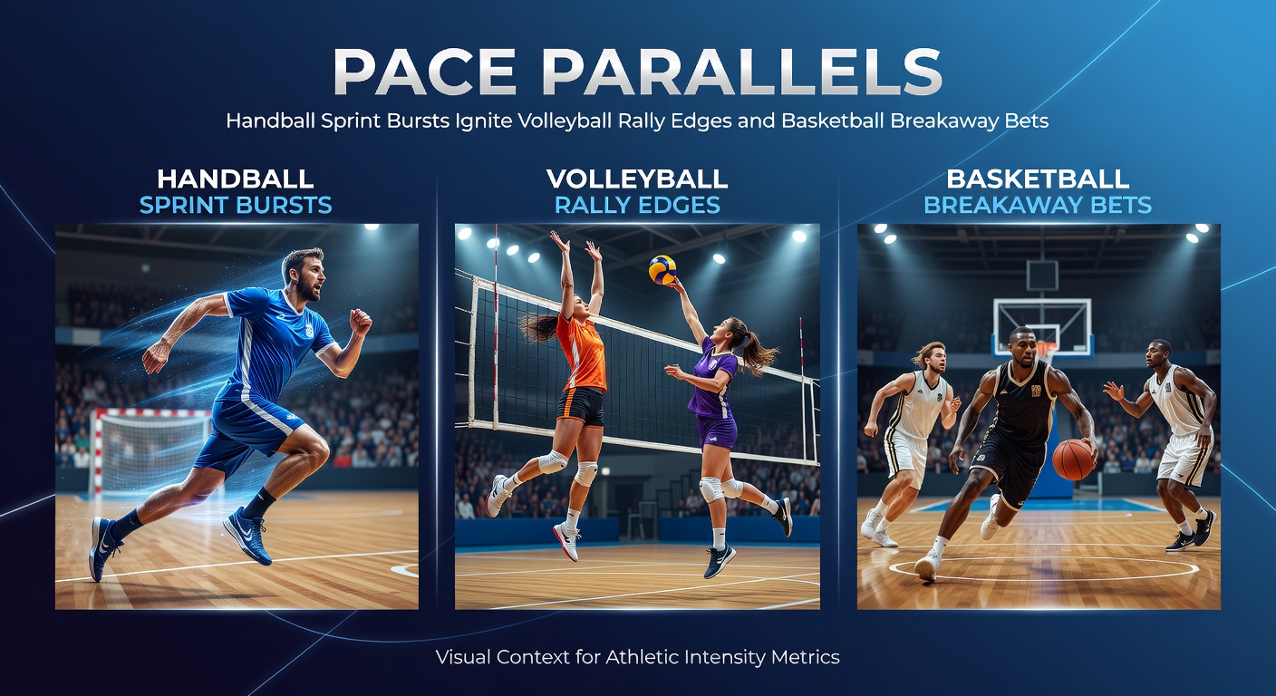 Basketball-Spieler in einem Breakaway-Dunk, flankiert von Volleyball- und Handball-Elementen, die Tempo-Parallelen illustrieren