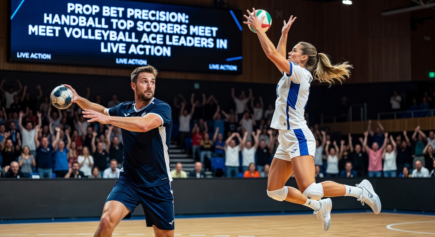 Dynamisches Handball-Spiel mit Torschützen im Vordergrund und Volleyball-Ass-Angriff im Hintergrund, live im Stadion