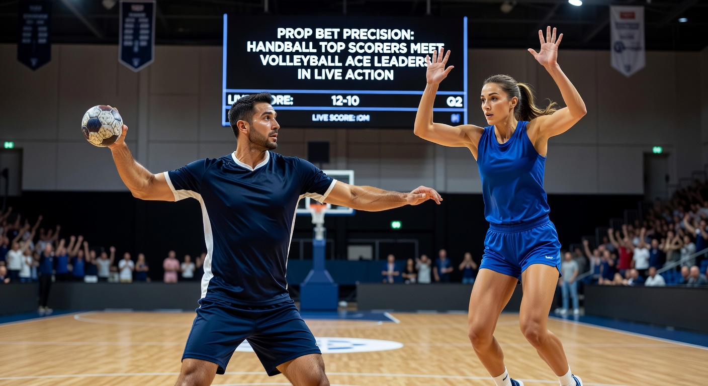 Volleyball-Spielszene mit mächtigem Ace-Serve und jubelnden Fans, kontrastiert mit Handball-Torfeier