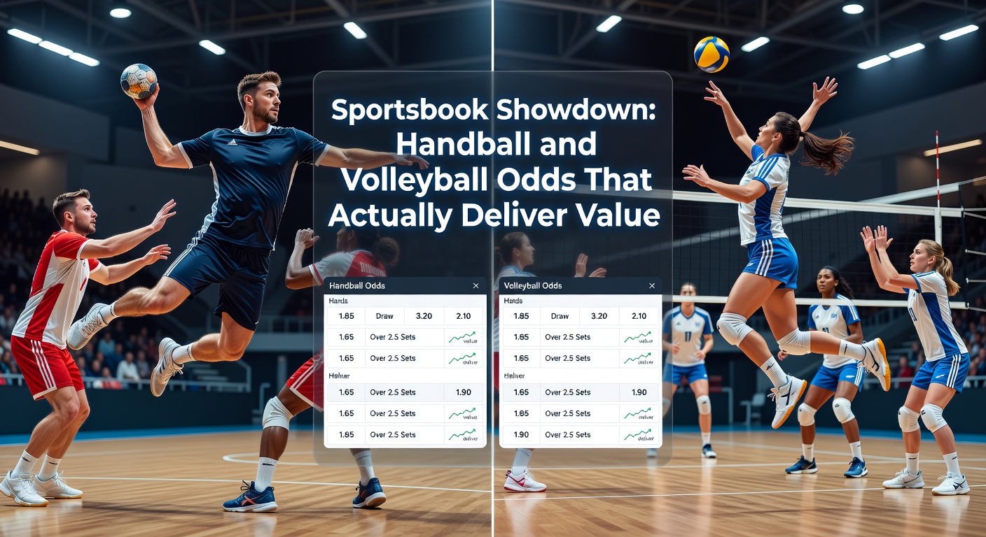 Volleyball-Spielerin schlägt einen Smash über das Netz während Handball-Spieler im Konterlauf zu sehen sind, symbolisierend Value-Quoten in Live-Action